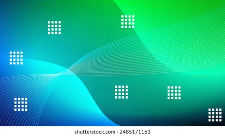 Blue and green gradient mesh abstract background decorated with blended lines and squares shapes nice for wallpaper or banner