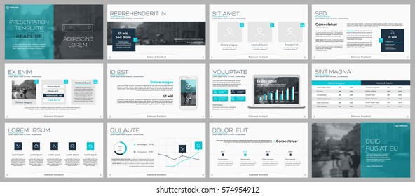 Elementos azuis, verdes e cinza para infográficos em um fundo branco. Modelos de apresentação. Use em apresentação, folheto e folheto, relatório corporativo, marketing, publicidade, relatório anual, banner.