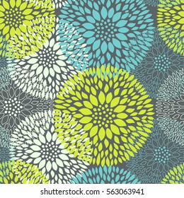 Blue, green and grey flower seamless pattern. Chrysanthemum flowers background for web, print, textile, wallpaper design, adults and baby clothing