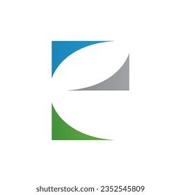 Blue Green and Grey Lowercase Letter E Icon with Curvy Triangles on a White Background