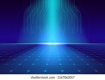 Blue Green Grid Floor and Digital Circuit Retro Future Technology Future Abstract Background, Cyberspace, Computer, Innovation, Metaverse, VR Concept