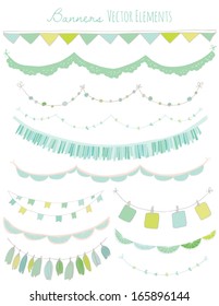 Blue and Green Hand Drawn Banners, Party Garlands, and Bunting Flag Collection