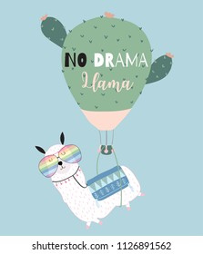 Blue green hand drawn cute card with llama, glasses,cactus balloon in summer.No drama llama