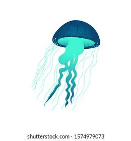 Blue and green hand drawn jellyfish with glowing texture and ornate pattern decoration - colorful sea creature with tentacles isolated on white background. Vector illustration.