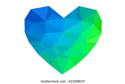 Blue, green heart isolated on white background. Geometric rumpled triangular low poly origami style gradient graphic illustration. Vector polygonal design for your business.