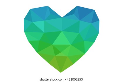 Blue, green heart isolated on white background. Geometric rumpled triangular low poly origami style gradient graphic illustration. Vector polygonal design for your business.