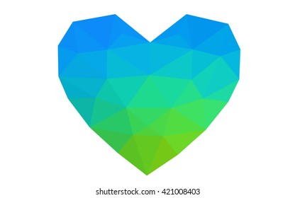 Blue, green heart isolated on white background. Geometric rumpled triangular low poly origami style gradient graphic illustration. Vector polygonal design for your business.