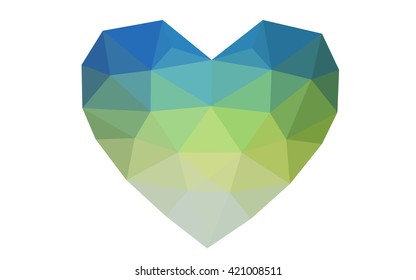Blue, green heart isolated on white background. Geometric rumpled triangular low poly origami style gradient graphic illustration. Vector polygonal design for your business.