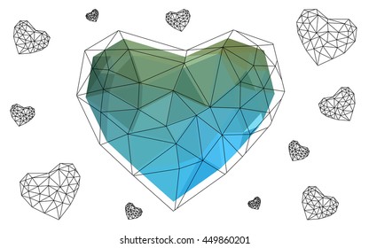 Blue, green heart isolated on white background. Geometric rumpled triangular low poly origami style gradient graphic illustration. Vector polygonal design for your business. Blue, green heart isolated on white background. Geometric rumpled triangular low poly origami style gradient graphic illustration. Vector polygonal design for your business.