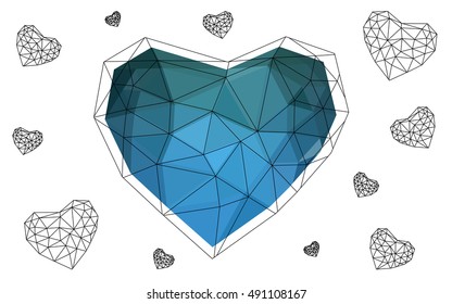 Blue, green heart isolated on white background. Geometric rumpled triangular low poly origami style gradient graphic illustration. Vector polygonal design for your business.