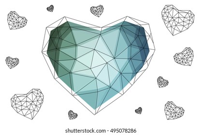 Blue, green heart isolated on white background. Geometric rumpled triangular low poly origami style gradient graphic illustration. Vector polygonal design for your business.