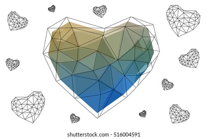 Blue, green heart isolated on white background. Geometric rumpled triangular low poly origami style gradient graphic illustration. Vector polygonal design for your business.