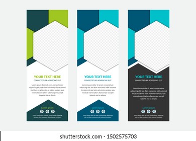 Blue and green hexagon roll up business banner design vertical template vector, cover presentation abstract geometric background, modern publication display and flag-banner, layout in rectangle