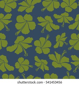 Blue and green hibiscus seamless pattern. Vector seamless pattern with tropical flowers in watercolor style. Vector illustration.