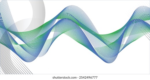 Blue green horizontal transparent wave on white background, design element