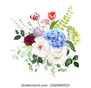 Blue, green hydrangea flowers, white  peony, tulips, purple hyacinth, red carnation, spring greenery and wedding vector bouquet. Floral watercolor. Blooming garden hortensia. Elements are isolated