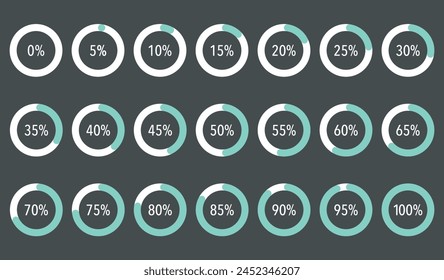 Conjunto de gráficos circulares de porcentaje de infografía verde azul, segmento de iconos de círculo de agujero 10% - 100%, diseño plano simple carga de datos interfaz Elementos App Botón ui ux Web, Vector aislado sobre fondo blanco