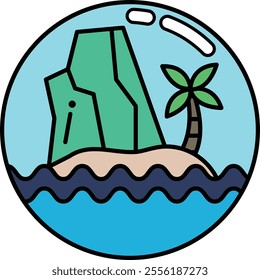 A blue and green island with a palm tree and a rock. The island is surrounded by water