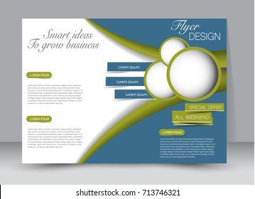 Blue and green landscape wide flyer or brochure template. Billboard abstract background design. Business, education, presentation, advertisement concept. Vector illustration.