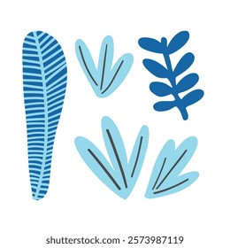 Blue and green leaf arrangement with soft, bold lines. A modern tropical design for eco-friendly, nature, and rainforest-inspired illustrations.