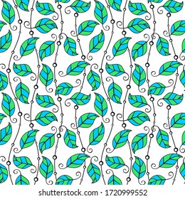 Blue green leaves and longitudinal waves with beads on a white background. Vector seamless pattern for wallpaper, wrapping paper, packaging, printing on fabric, textile, clothes and bags. Template