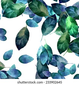 Blue and green leaves watercolor background. Vector artistic nature pattern.