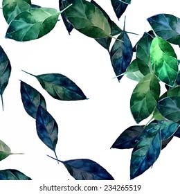 Blue and green leaves watercolor background. Vector artistic nature pattern.