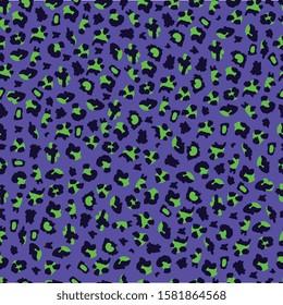 Blue and green leopard print background, seamless pattern of wild exotic animal fur in unnatural color, cartoon style design for retro fabric decoration - vector illustration