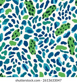 Blue and green leopard spots, leopard spots seamless pattern. Watercolor print in rustic vintage style, textile or wallpaper.  