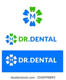 azul y verde letra m logotipo dental o letra m logotipo del dentista para la clínica dental | Logotipo del implante