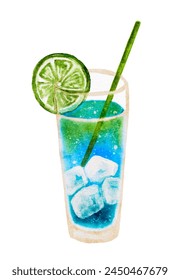 Blue and green lime summer drink cocktail with ice and straw, vector watercolor image, hand made not AI