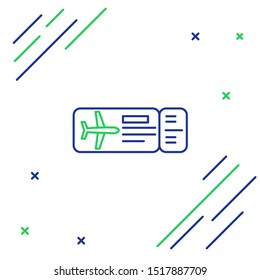 Blue and green line Airline ticket icon isolated on white background. Plane ticket. Colorful outline concept. Vector Illustration
