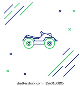 Blue and green line All Terrain Vehicle or ATV motorcycle icon isolated on white background. Quad bike. Extreme sport. Colorful outline concept. Vector Illustration