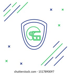 Blue and green line American football helmet and shield icon isolated on white background. Colorful outline concept. Vector Illustration