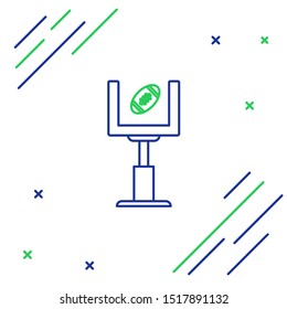 Blue and green line American football goal post and football ball icon isolated on white background. Colorful outline concept. Vector Illustration