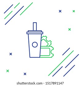 Blue and green line American Football ticket and paper glass soda with drinking straw icon isolated on white background. Colorful outline concept. Vector Illustration