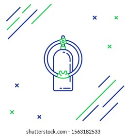 Blue and green line Aqualung icon isolated on white background. Oxygen tank for diver. Diving equipment. Extreme sport. Sport equipment. Colorful outline concept. Vector Illustration