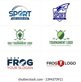 Blue green line art badge logo design fish with stick golf and icon frog suitable for sports fishing tournaments championships race