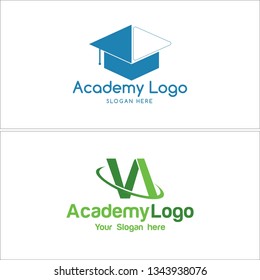 Blue green line art hat graduation swash rectangle combination mark logo design concept suitable for education academy digital marketing content analytics