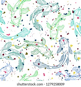 Blue and green line art Koi fish silhouettes covered with multicolored splatter texture. Seamless vector pattern.Great for fabric, home decor, stationery, fashion accessories.