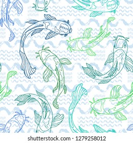 Blue and green line art Koi fish silhouettes with hand drawn wavy brush stroke texture in the background. Seamless vector pattern. Great for fabric, home decor, stationery, fashion accessories.