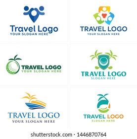 Blue green line art logo design people yacht and stick ball golf suitable for travel resort hotel family holiday beach