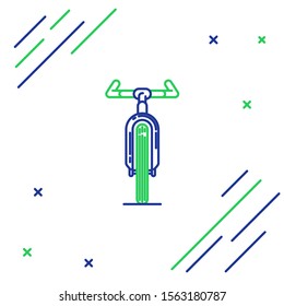 Blue and green line Bicycle icon isolated on white background. Bike race. Extreme sport. Sport equipment. Colorful outline concept. Vector Illustration