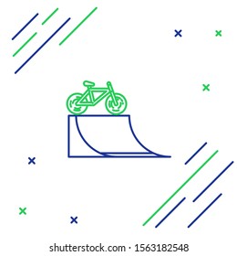 Blue and green line Bicycle on street ramp icon isolated on white background. Skate park. Extreme sport. Sport equipment. Colorful outline concept. Vector Illustration