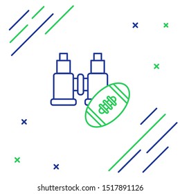 Blue and green line Binoculars and american football ball icon isolated on white background. Find software sign. Spy equipment symbol. Colorful outline concept. Vector Illustration