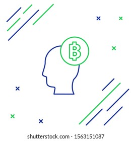 Blue and green line Bitcoin think icon isolated on white background. Cryptocurrency head. Blockchain technology, digital money market, cryptocoin wallet. Colorful outline concept. Vector Illustration