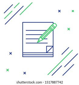 Blue and green line Blank notebook and pencil with eraser icon isolated on white background. Paper and pencil. Colorful outline concept. Vector Illustration