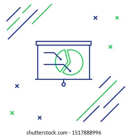 Blue and green line Board with graph chart icon isolated on white background. Report text file icon. Accounting sign. Audit, analysis, planning. Colorful outline concept. Vector Illustration