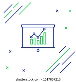 Blue and green line Board with graph chart icon isolated on white background. Report text file icon. Accounting sign. Audit, analysis, planning. Colorful outline concept. Vector Illustration