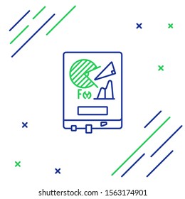Blue and green line Board with graph chart icon isolated on white background. Report text file icon. Accounting sign. Audit, analysis, planning. Colorful outline concept. Vector Illustration